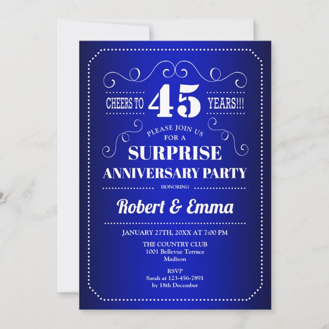 Invitation Surprise fête du 45e anniversaire - Sapphire Blue (Devant)