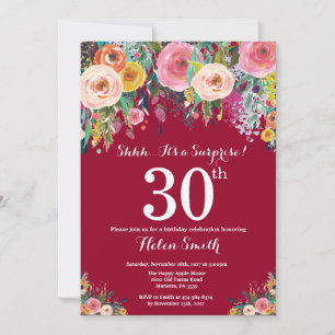 Invitation Surprise Fleurie Rouge Bourgogne 30e Anniversaire