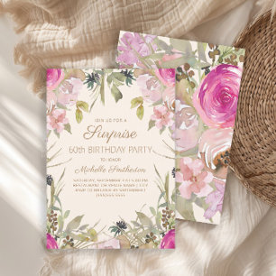 Invitation Surprise Fleurs Aquarelle Rose 60e Anniversaire