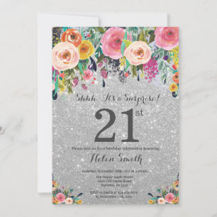Invitation Surprise Fleurs Pailletées Argent 21e Anniversaire