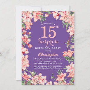 Invitation Surprise Floral 15e anniversaire Fleurs roses viol
