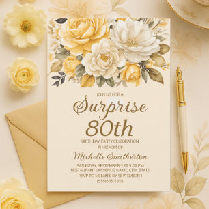 Invitation Surprise Florale Crème Ivoire Jaune Élégant 80 ans