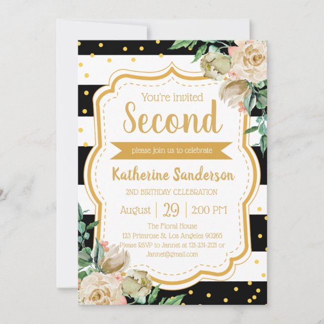 Invitation Surprise Florale Noir Blancs Frappe Anniversaire (Devant)