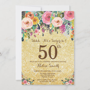 Invitation Surprise Florale Pailletée Or 50e Anniversaire