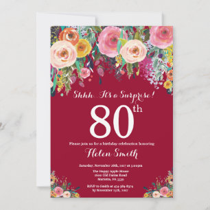 Invitation Surprise Florale Rouge Bourgogne pour 80e Annivers
