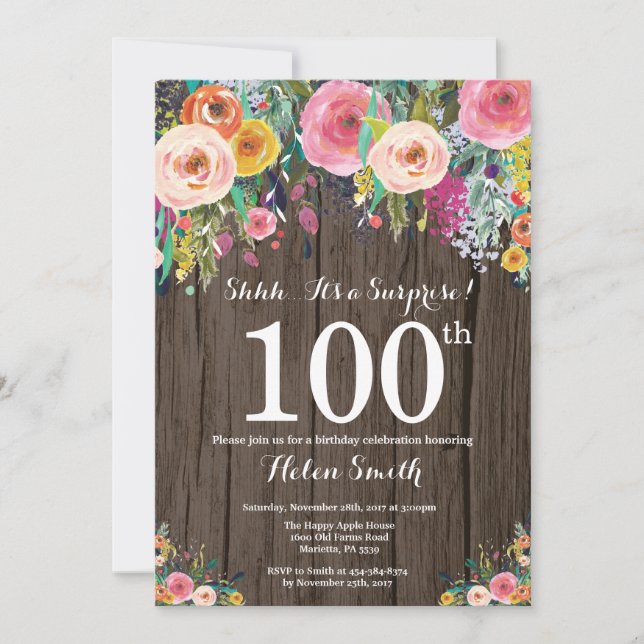 Invitation surprise florale rustique pour 100e ann (Devant)