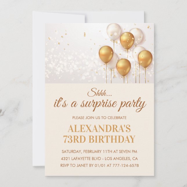 Invitation Surprise Gold Ballons 73e anniversaire (Devant)