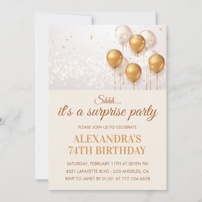 Invitation Surprise Gold Ballons 74e anniversaire (Devant)