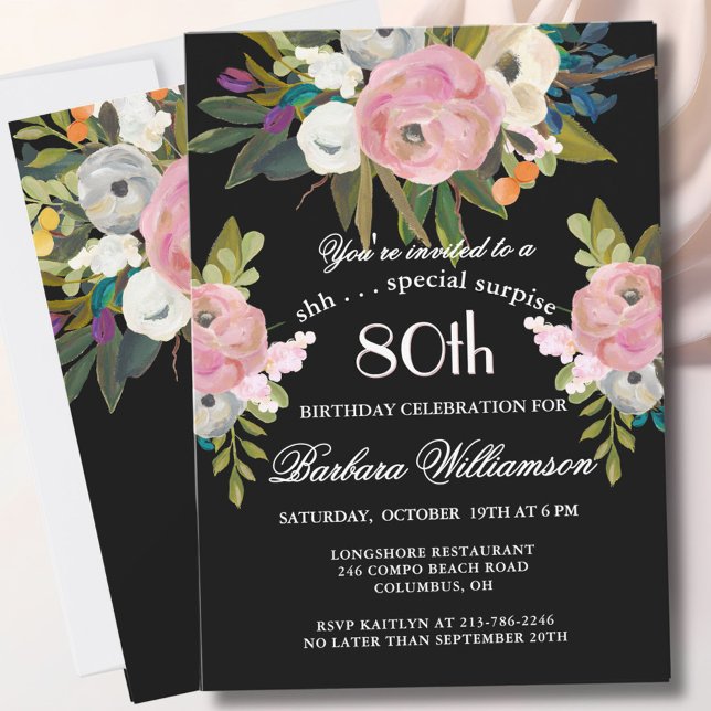 Invitation **SURPRISE Handpainted Floral 80th Birthday Party  (Créateur téléchargé)