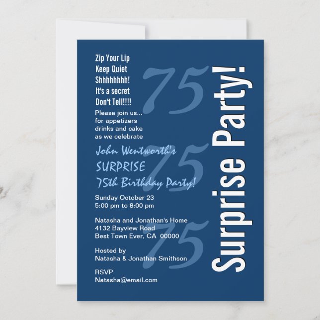 Invitation SURPRISE Moderne 75e anniversaire Marine bleue et  (Devant)