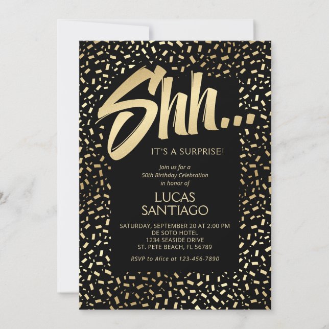 Invitation Surprise Noir Confetti Anniversaire (Devant)