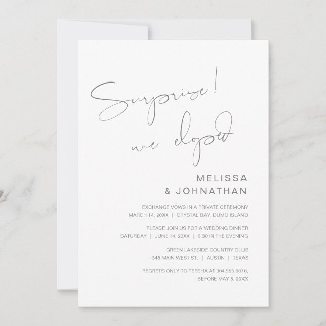 Invitation Surprise, nous avons fui, Parti Mariage Elopement (Devant)