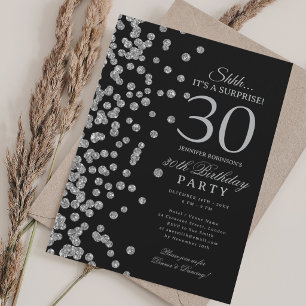 Invitation Surprise Pailletés Argent 30e Anniversaire Noir
