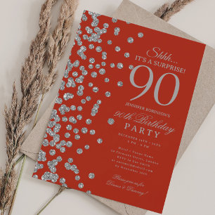 Invitation Surprise Pailletés Argent 90e Anniversaire Rouge