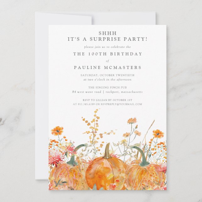 Invitation SURPRISE PARTY 100e anniversaire Citrouille Fleur  (Devant)