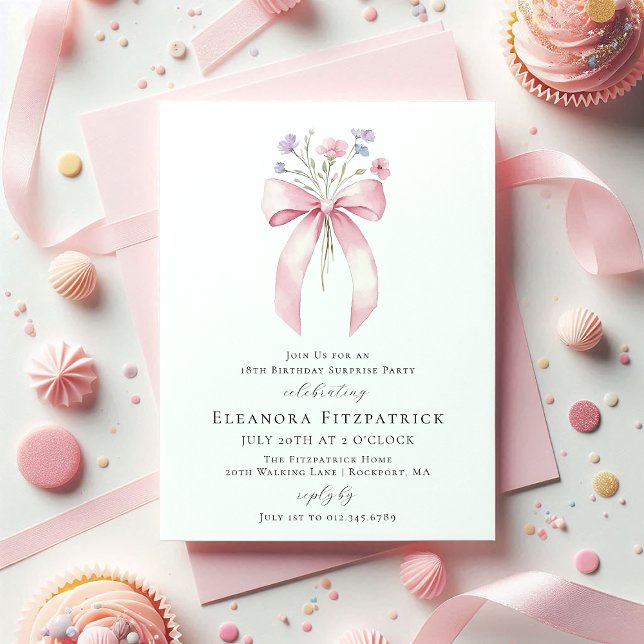 Invitation SURPRISE PARTY 18e anniversaire Bow Fleur sauvage (Créateur téléchargé)