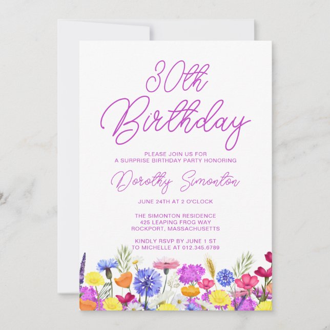 Invitation SURPRISE PARTY 30E Anniversaire Fleur sauvage viol (Devant)