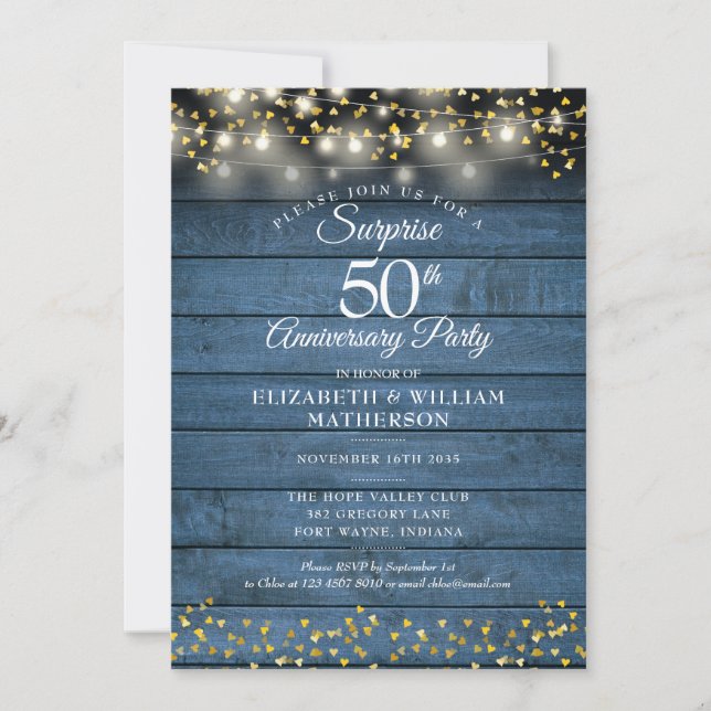 Invitation Surprise Party 50e Anniversaire d'or Bleu Rustique (Devant)