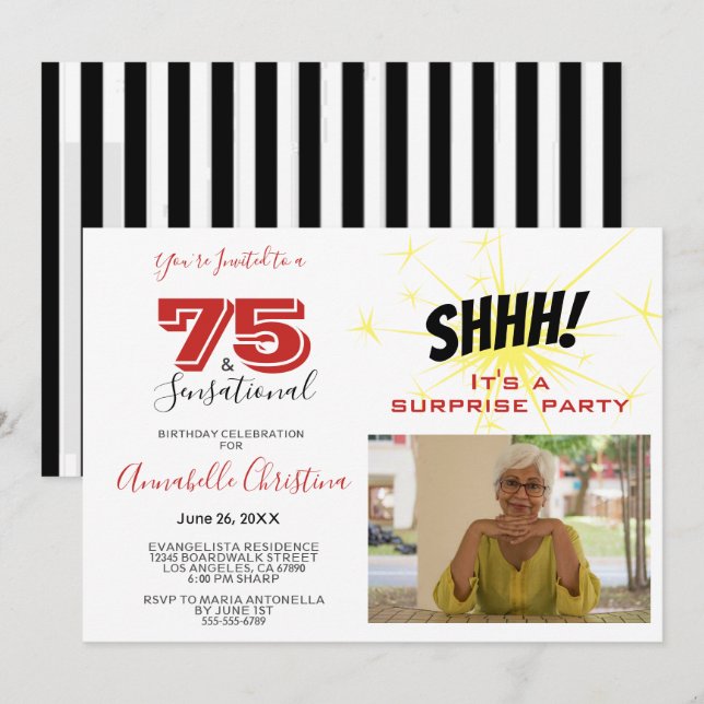 Invitation SURPRISE PARTY 75 & SENSATIONAL 75th Birthday (Devant / Derrière)