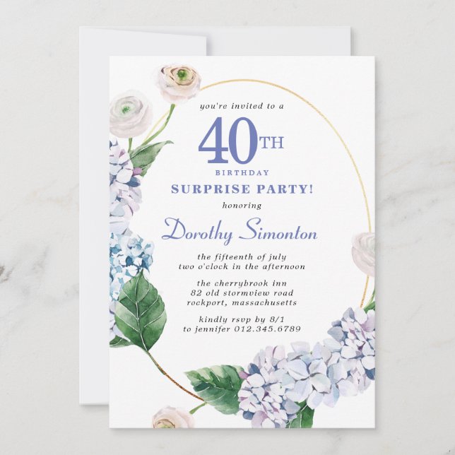 Invitation Surprise Party Hydrangea Rose 40e anniversaire (Devant)