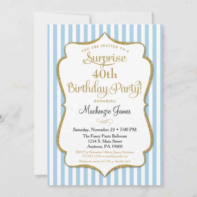Invitation Surprise Party Light Blue Gold Elegant (Devant)