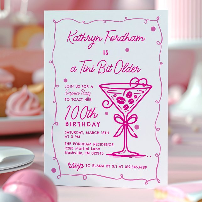 Invitation SURPRISE PARTY Pink Doodle Martini 100e anniversai (Créateur téléchargé)