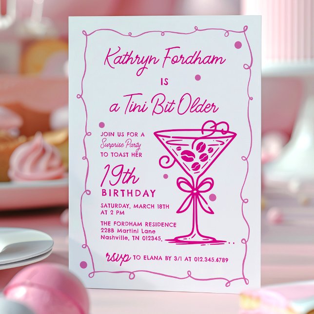 Invitation SURPRISE PARTY Pink Doodle Martini 19e anniversair (Créateur téléchargé)