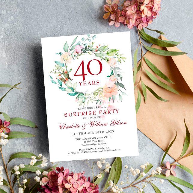 Invitation Surprise Party Roses Garland 40e anniversaire (Créateur téléchargé)