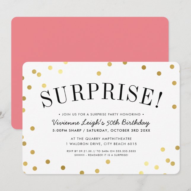Invitation SURPRISE PARTY taches élégantes de confettis d'or (Devant / Derrière)