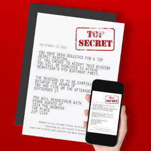 Invitation Surprise Party Top Secret Agent spécial espion