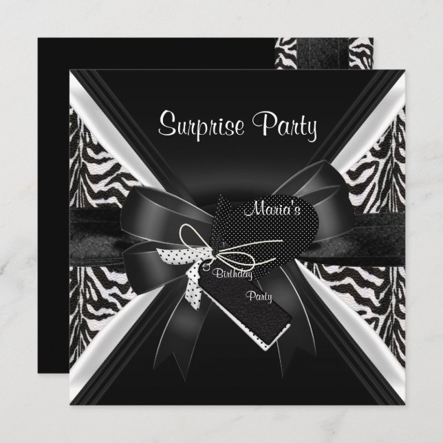 Invitation Surprise Party Zebra Black White Bow Image (Devant / Derrière)