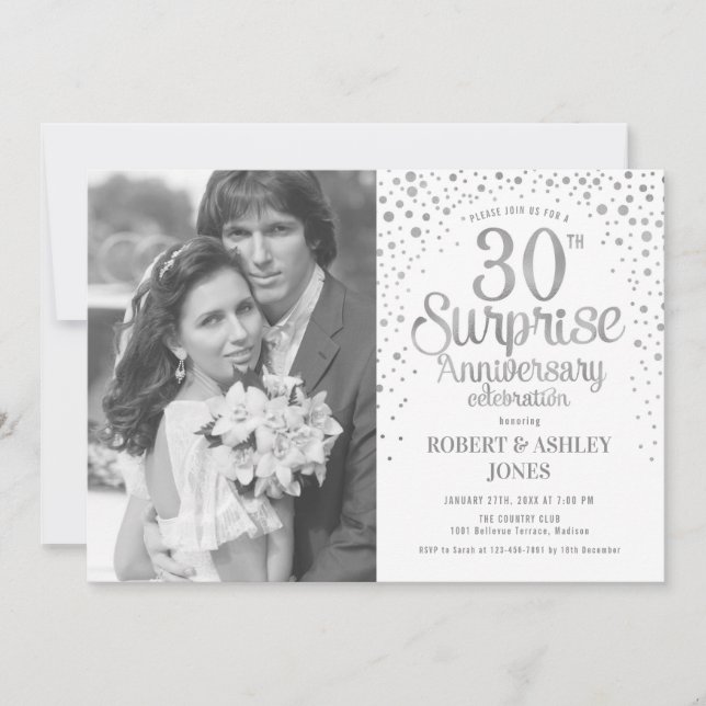 Invitation Surprise Photo 30e Anniversaire - Blanc Argent (Devant)