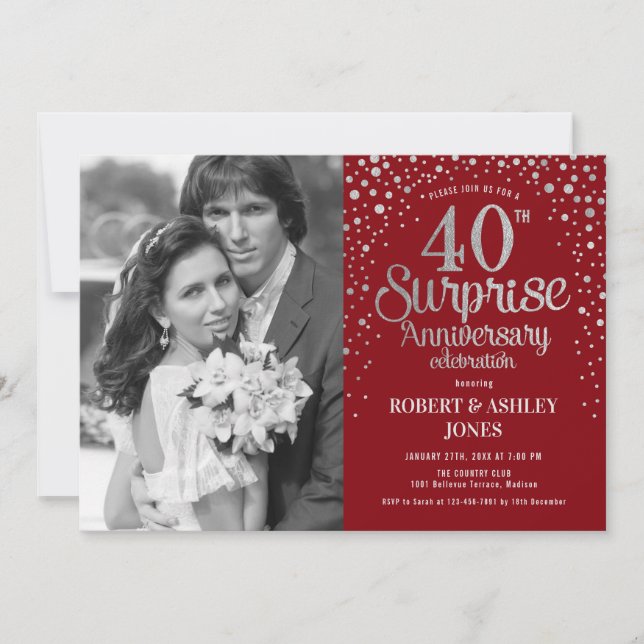 Invitation Surprise Photo 40e Anniversaire - Rouge Rubis Arge (Devant)