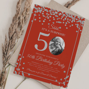 Invitation SURPRISE Photo 50e Anniversaire Fête Argent Rouge