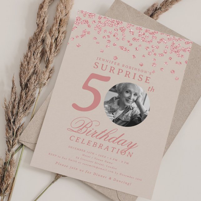 Invitation SURPRISE Photo 50e anniversaire Rose Champagne d'o (SURPRISE Photo 50th Birthday Rose Gold Champagne Invitation)