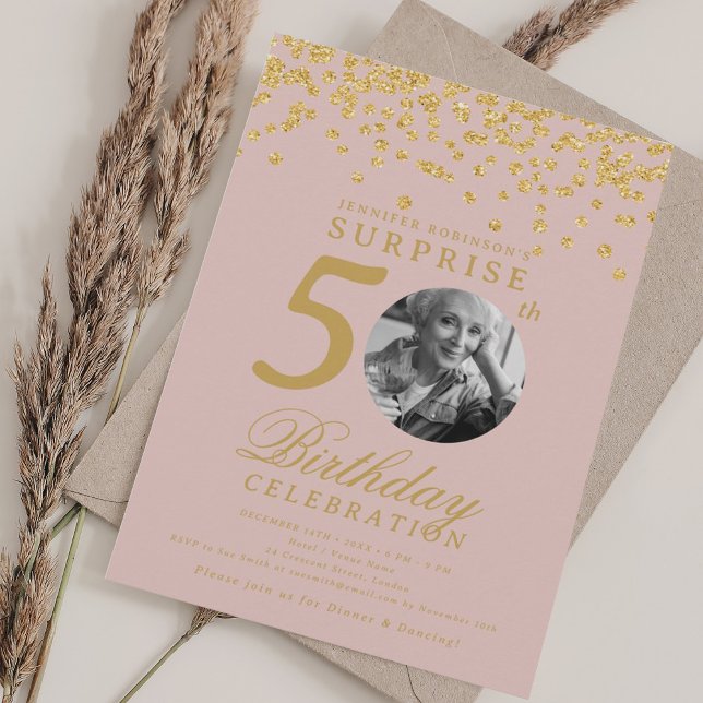 Invitation SURPRISE Photo 50th Birthday Gold Confetti Blush (SURPRISE Photo 50th Birthday Gold Confetti Blush Invitation)