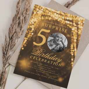 Invitation SURPRISE Photo 50th Birthday Gold Glam Lights