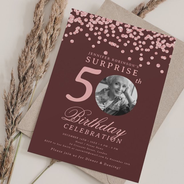 Invitation SURPRISE Photo 50th Birthday Rose Gold Burgundy  (SURPRISE Photo 50th Birthday Rose Gold Burgundy Invitation)