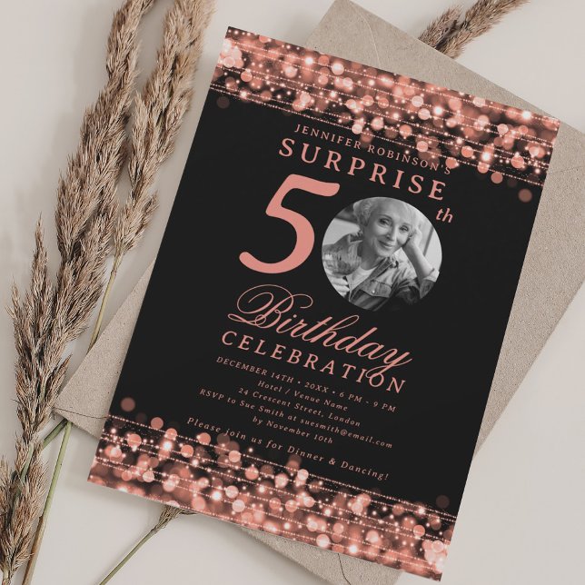Invitation SURPRISE Photo 50th Birthday Rose Gold Lights (SURPRISE Photo 50th Birthday Rose Gold Lights Invitation)