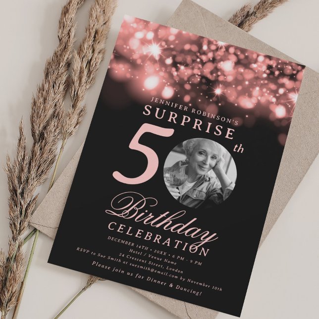 Invitation SURPRISE Photo 50th Birthday Rose Gold Midnight (SURPRISE Photo 50th Birthday Rose Gold Midnight Invitation)