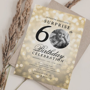Invitation SURPRISE Photo 60th Birthday Party Gold Bokeh