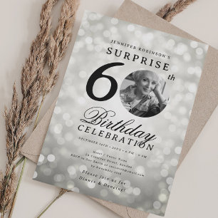 Invitation SURPRISE Photo 60th Birthday Party Silver Bokeh
