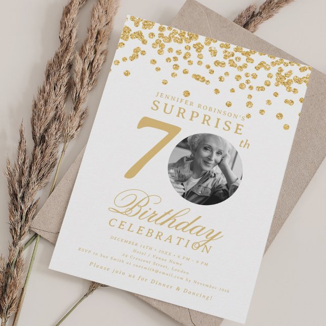 Invitation SURPRISE Photo 70e anniversaire Gold Confetti (SURPRISE Photo 70th Birthday Gold Confetti Invitation)