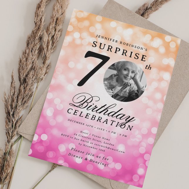 Invitation SURPRISE Photo 70e anniversaire Orange Pink Bokeh (SURPRISE Photo 70th Birthday Orange Pink Bokeh Invitation)