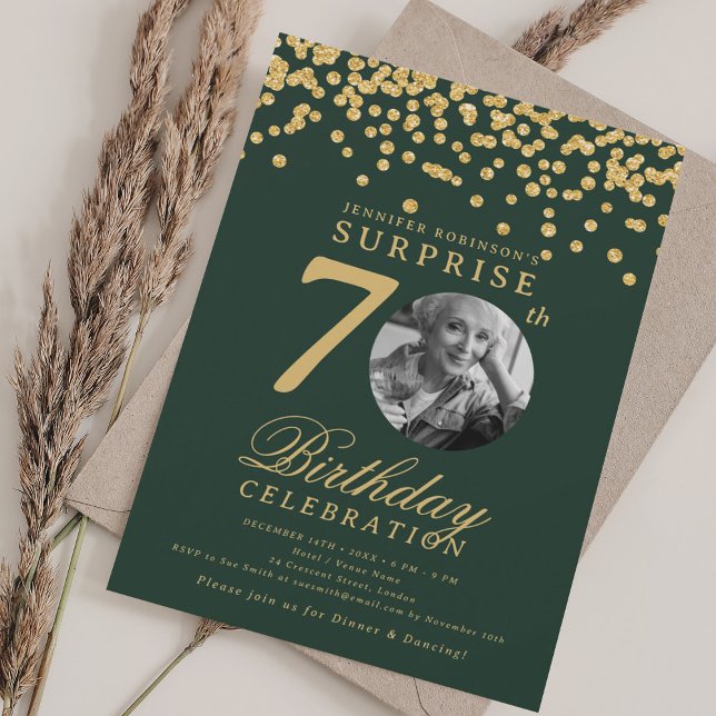 Invitation SURPRISE Photo 70th Birthday Gold Confetti Green  (SURPRISE Photo 70th Birthday Gold Confetti Green Invitation)