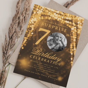 Invitation SURPRISE Photo 70th Birthday Gold Glam Lights