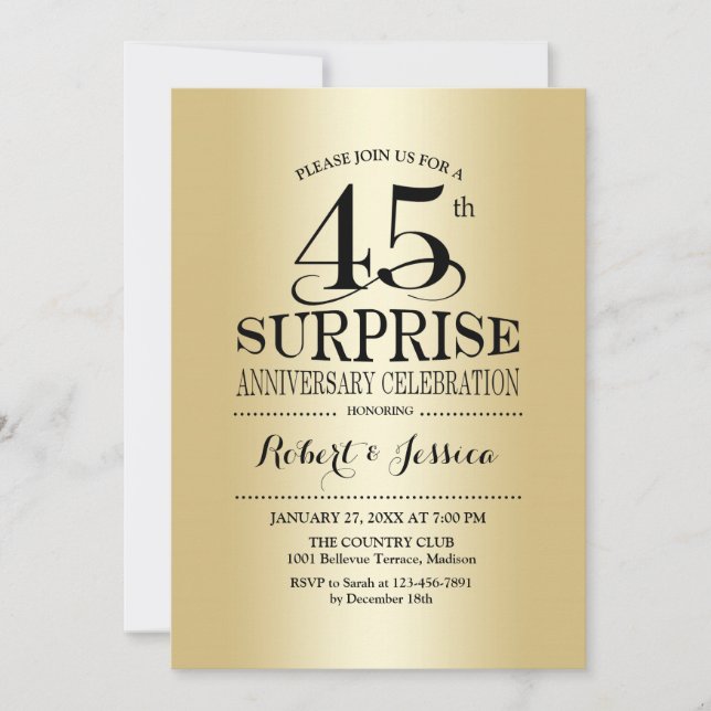 Invitation Surprise pour 45e anniversaire de mariage - Or (Devant)