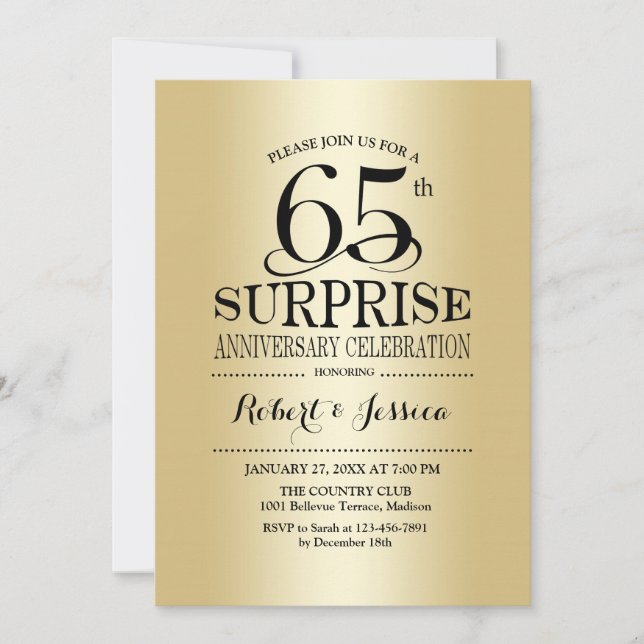 Invitation Surprise pour le 65e anniversaire de mariage - Or (Devant)