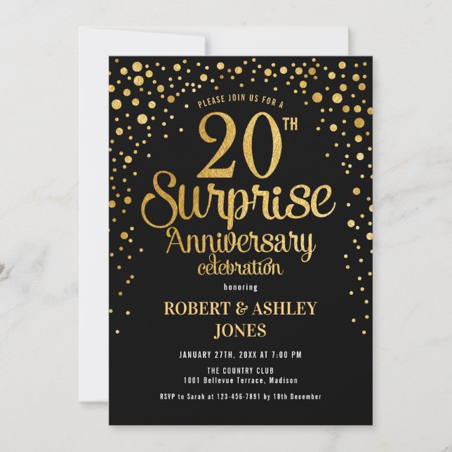 Invitation Surprise pour les 20 ans de mariage - Noir & Or (Devant)