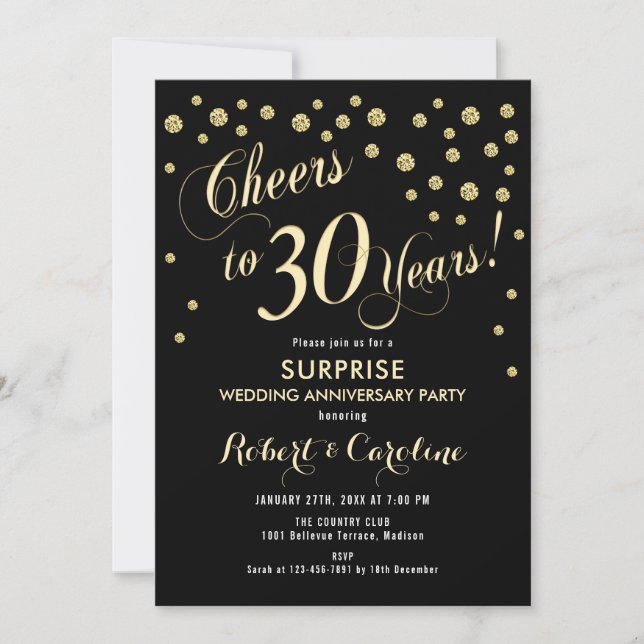 Invitation Surprise pour les 30 ans de mariage - Noir et Or (Devant)